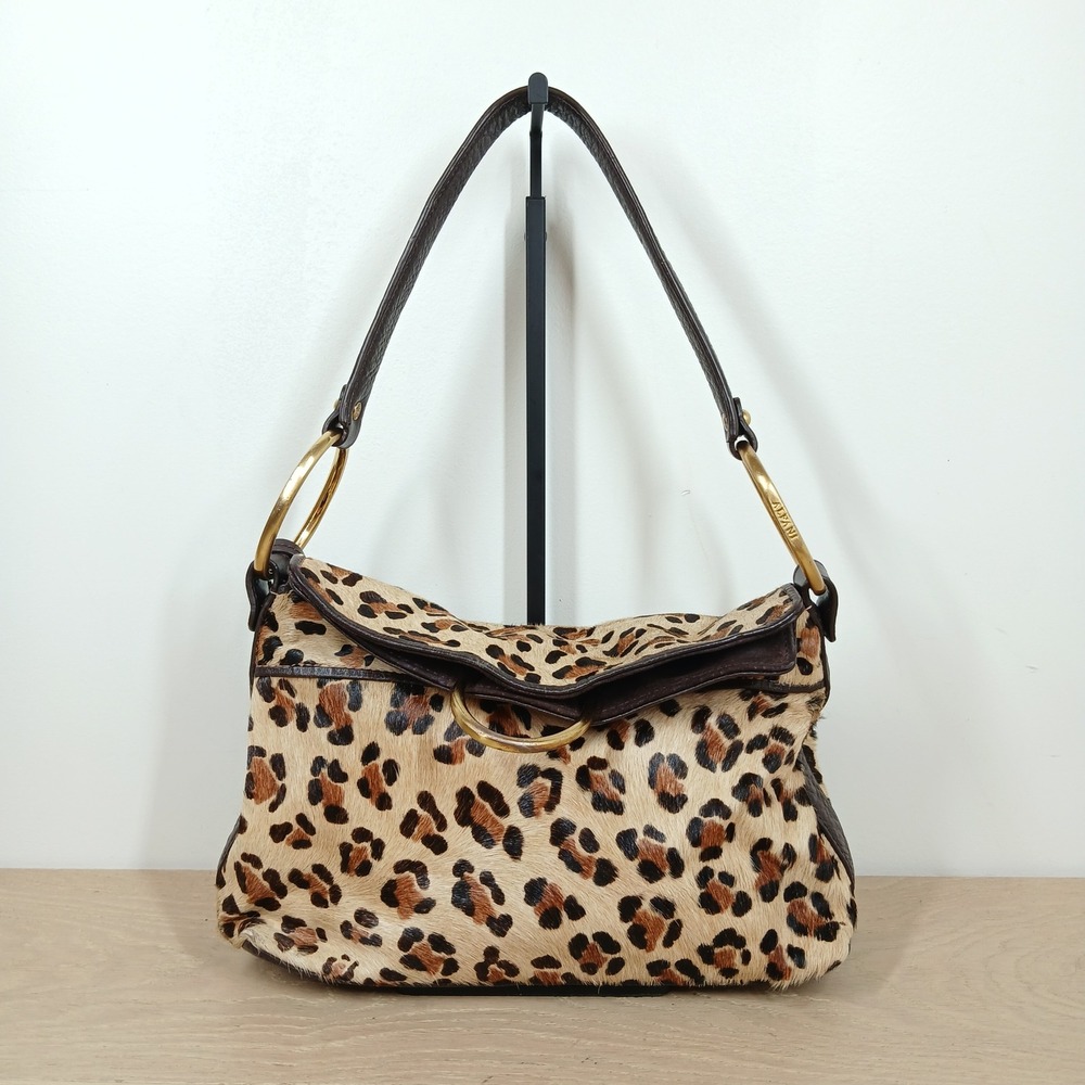 Alfani Shoulder Bag Womens Brown Calf Hair Leopard Print Gold Hardware Edgy